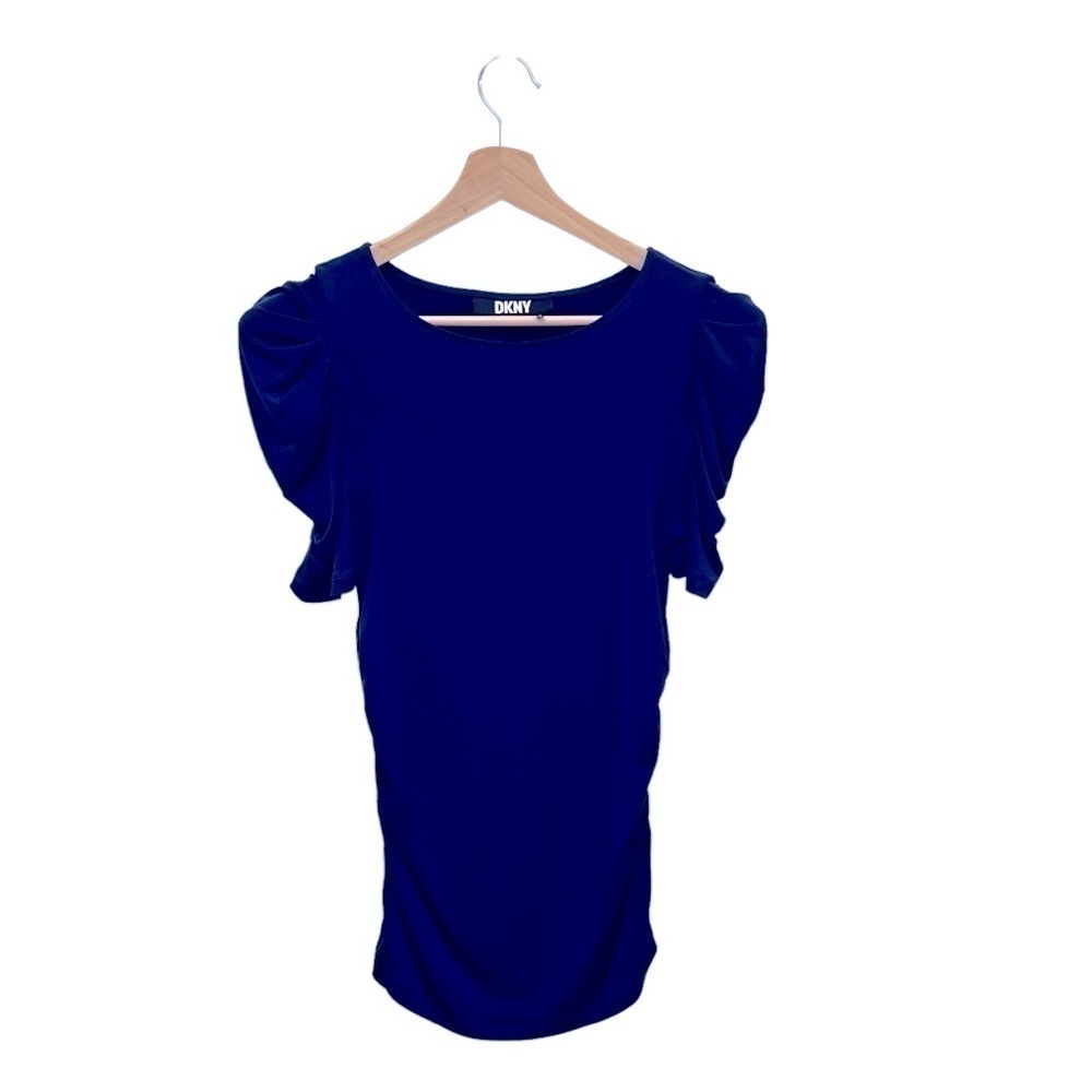 DKNY Ruched Short Sleeve Top in Cadet Blue NWOT SZ S - Picture 2 of 8